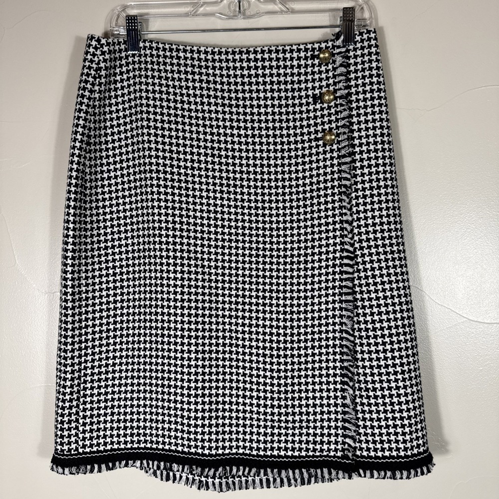 Talbots Black‎ & White Houndstooth Pencil Skirt Size 10 Preppy Regency Fringe